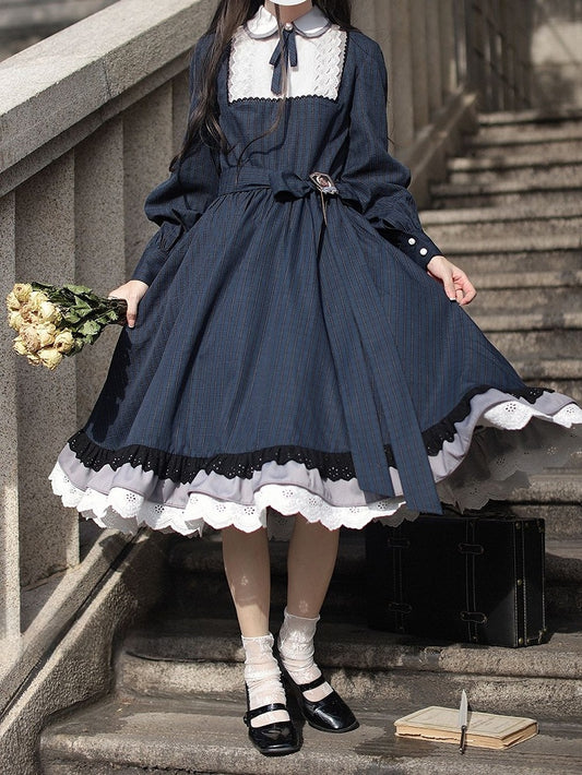 Ärmel Ein Blaues Klassisches Plaid mit Elegantem Lolita Long in Piece Taillengürtel Navy