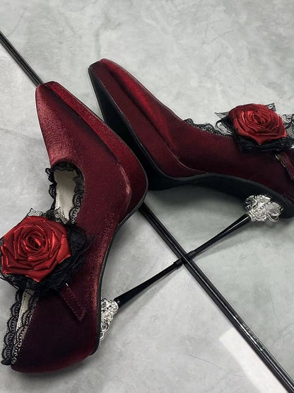 Satin Red Toe Floral High Decorated Heels Pointed Gothic
