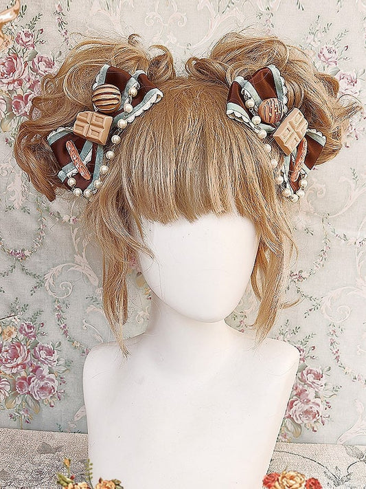 Green Sweet Lolita Chocolate-themed with Bead Chain Hairclips Pink/Mint