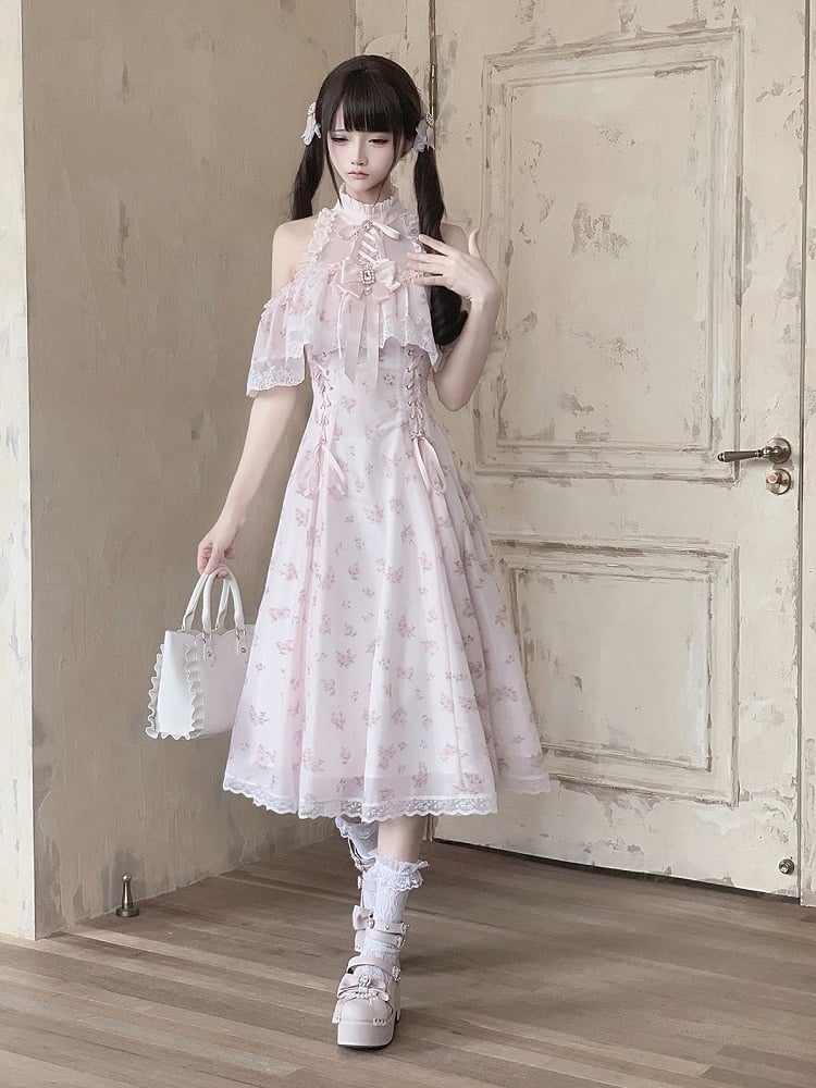 Floral Print Long Dress with Rhinestone Bow Tie - Ekomi