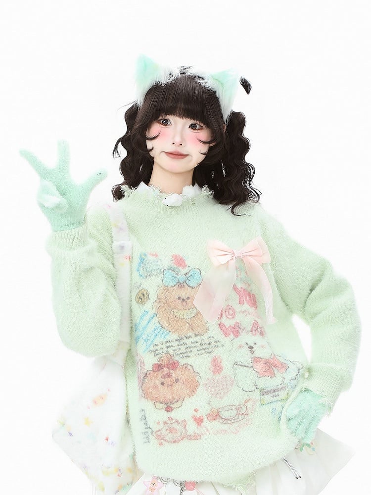 and Sweater - Hem Kawaii Apricot/Green Distressed Daily Neckline