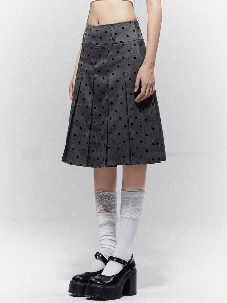 Belt Skirt Knee-Length Dots with Box Pleat Black Preppy Gray Polka Loops
