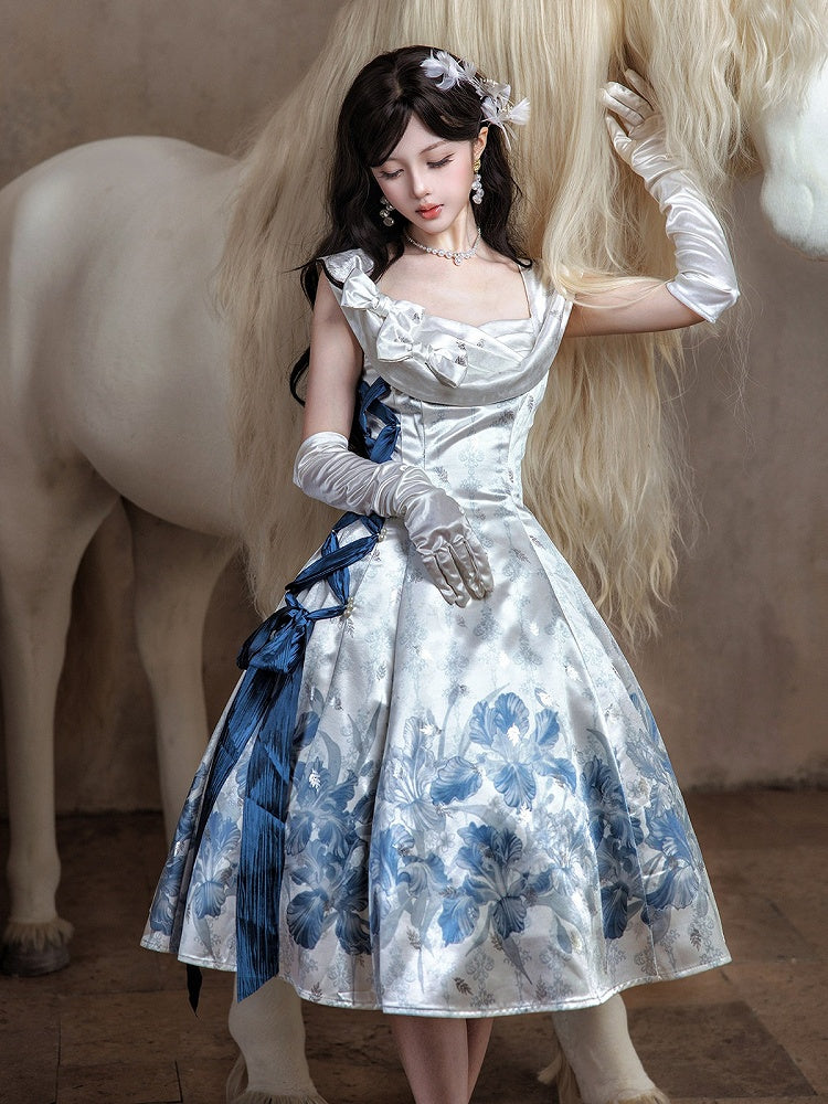 Sleeveless Satin Lolita Dress with Blue and White Floral Print and Bows - Unknown Star