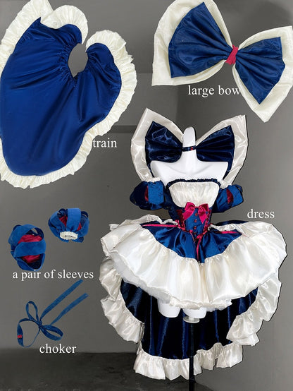 Waist Large Ribbon with Basque Blue Red Snow Accents Princess Bow and Balletcore White Vibes Dress