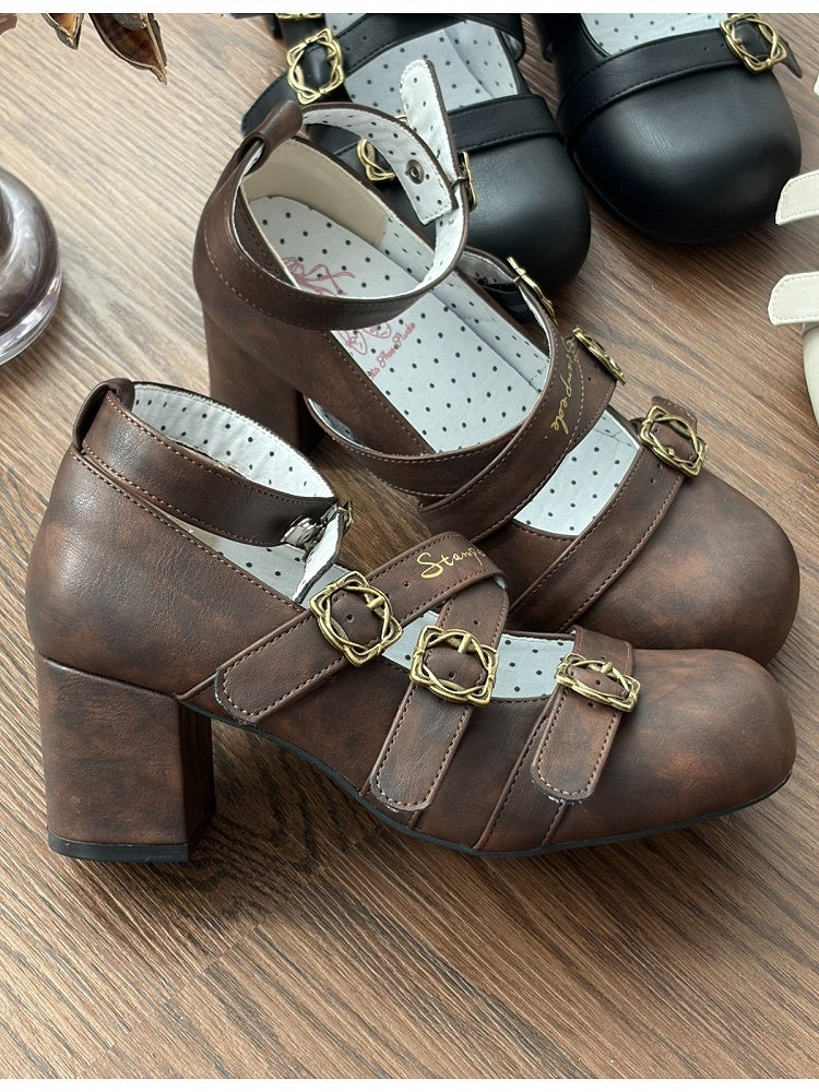 Brown Round-Toe Shoes with Square Buckle Straps and 6cm Heel - Dita Lolita Shoes