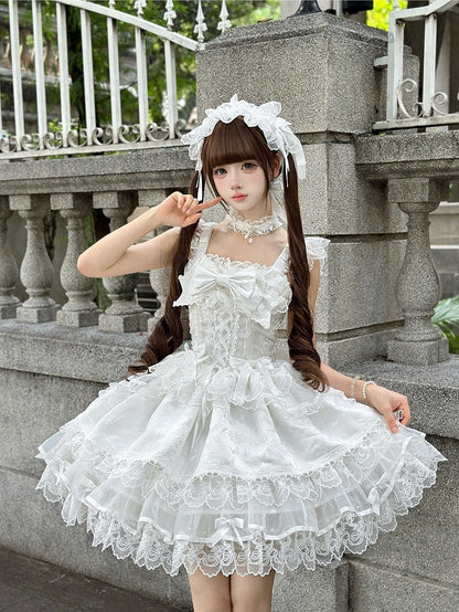 Bow Ruffled Details Lace Embossed Lolita Sweet with Only JSK Jacquard Dress / Princess + White Train