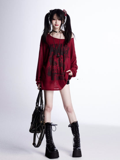 Graphic Vintage Coverup Red Semi-sheer Asymmetrical Neckline Sun Protection