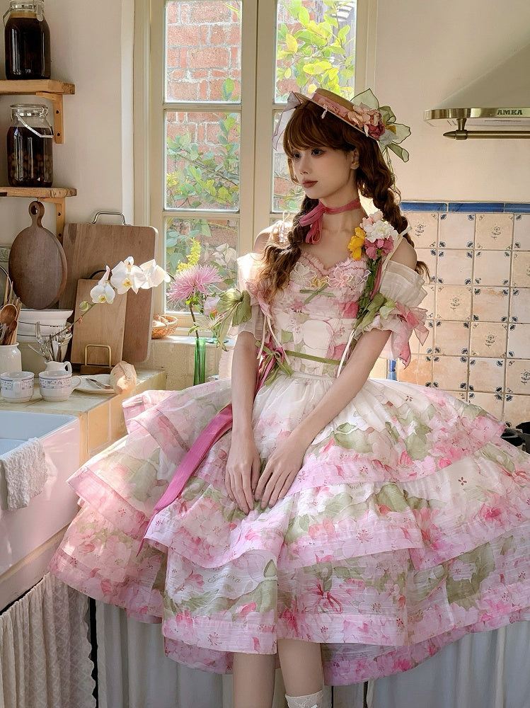 Pink Rhododendron Print Lolita Three Layers High-low Skirt - Deer-seeking Letter Lolita