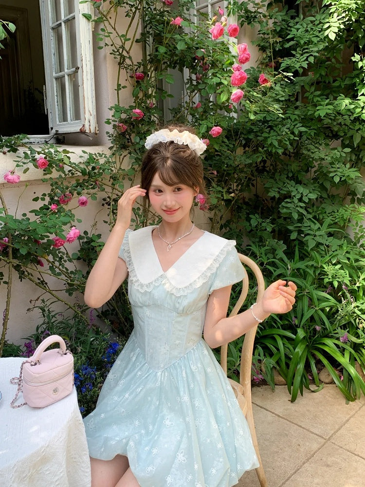 Bubble Blue Peter Pan Kragen Basken-Taille Allover Schmetterling Stickerei Rock Kleid