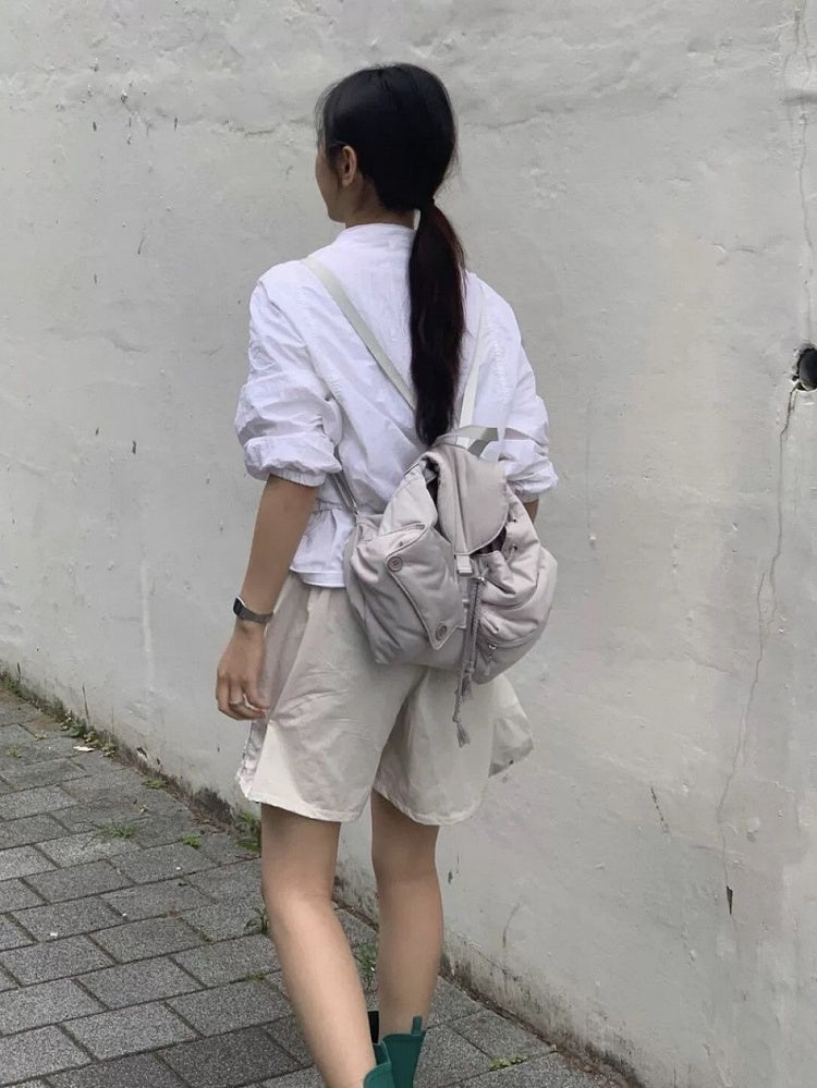 Chic Grey Drawstring Backpack With Flap Closure