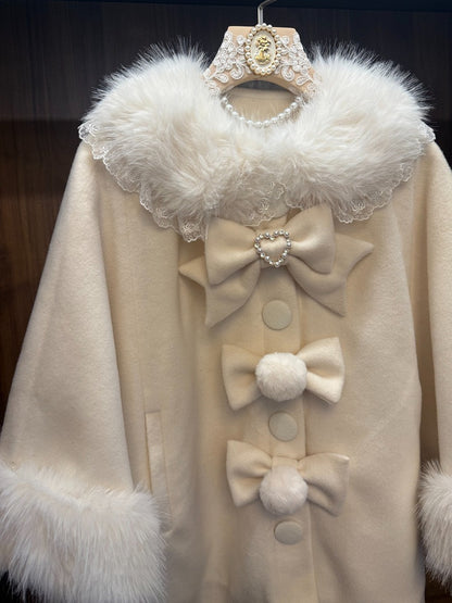 Velvet Lolita Cape in Sweet Beige with Detachable Fur Collar and Bow - Star Fantasy