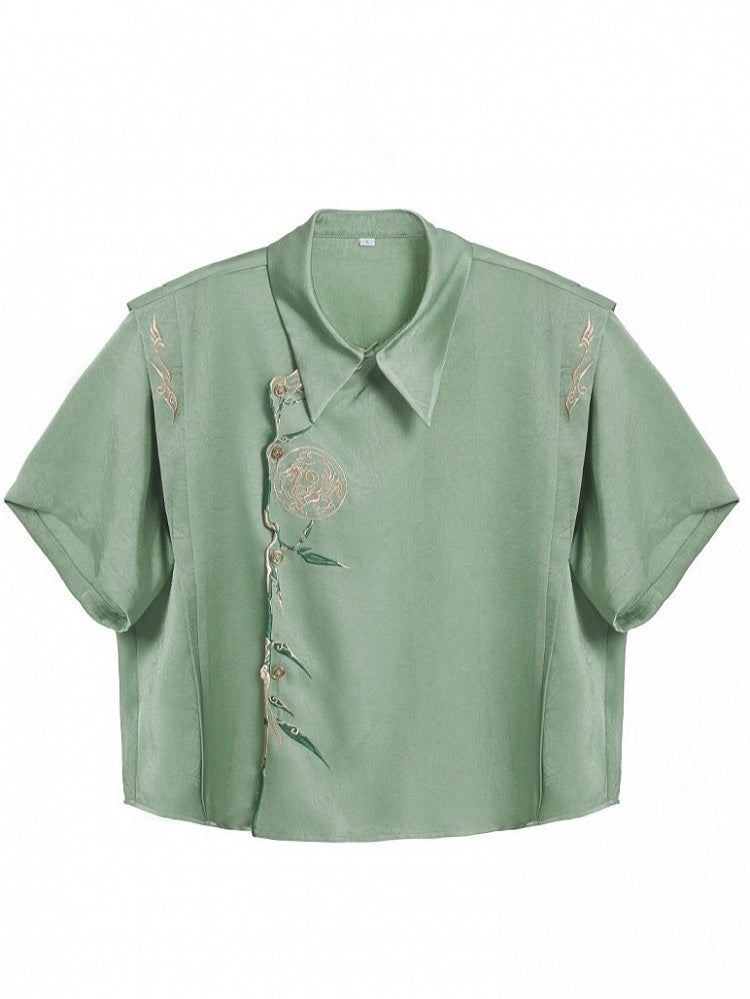 Green Chinese Embroidery Asymmetrical Short-Sleeve Shirt - Qing Tang Original
