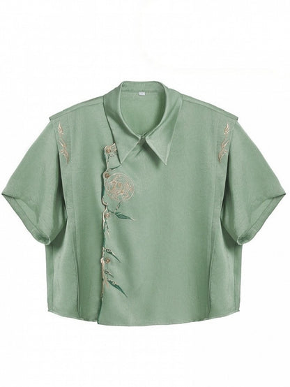 Green Chinese Embroidery Asymmetrical Short-Sleeve Shirt - Qing Tang Original