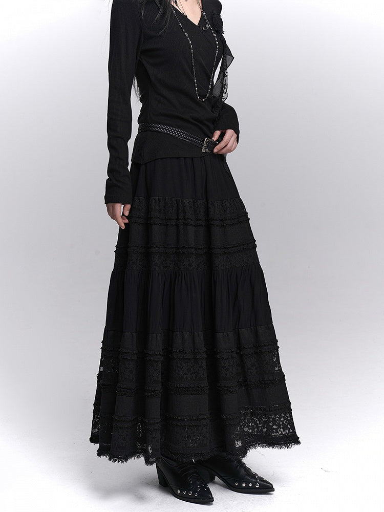 Lace Elastic Waist with Black Lining Patchwork Skirt Gothic Maxi