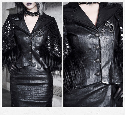 ブラックのシャープアングルノッチカラーオフィスレディふわふわヘムラインケープブレザー