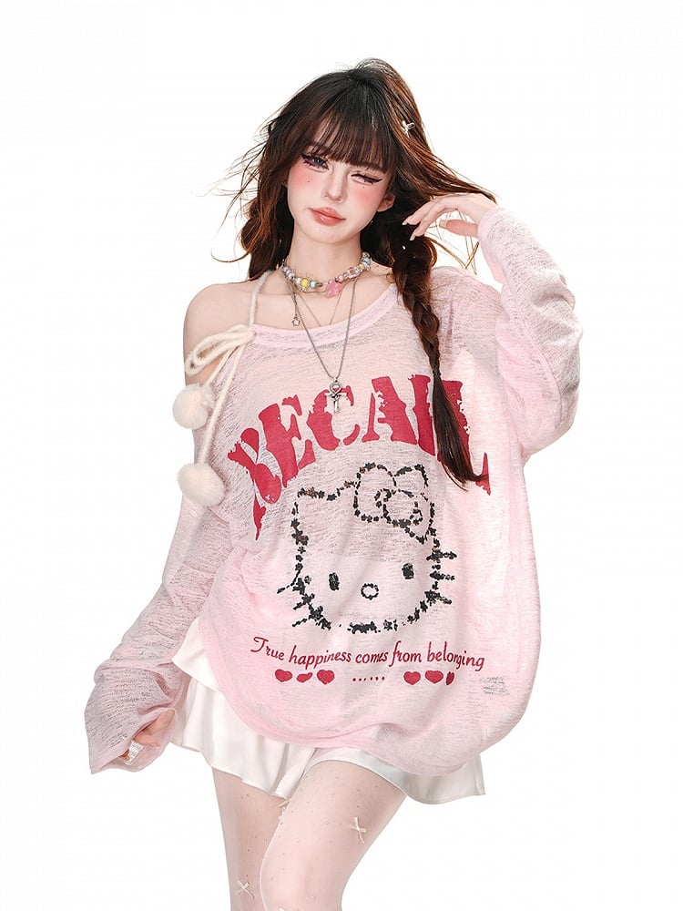 Halbtransparentes Sonnenschutz-Top mit Kätzchen-Print und Pompon-Akzenten in Rosa/Weiß mit asymmetrischem Ausschnitt