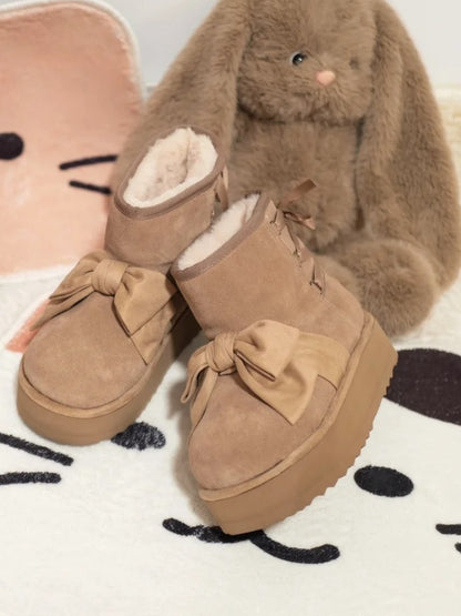 Charming Bow Design with Back Tie Closure Khaki Winter Boots in Sweet Lolita