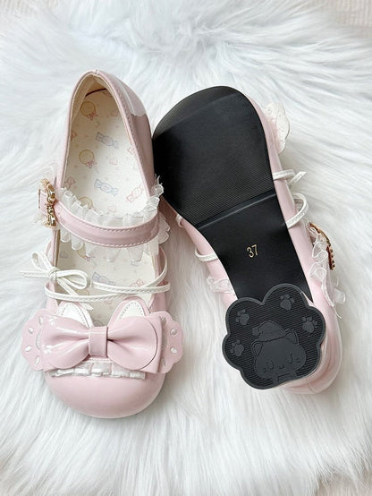 Round-toe Paw Details with Pink Cat Heel Sweet Heels in Cat-themed Lace Bow Lolita Mid