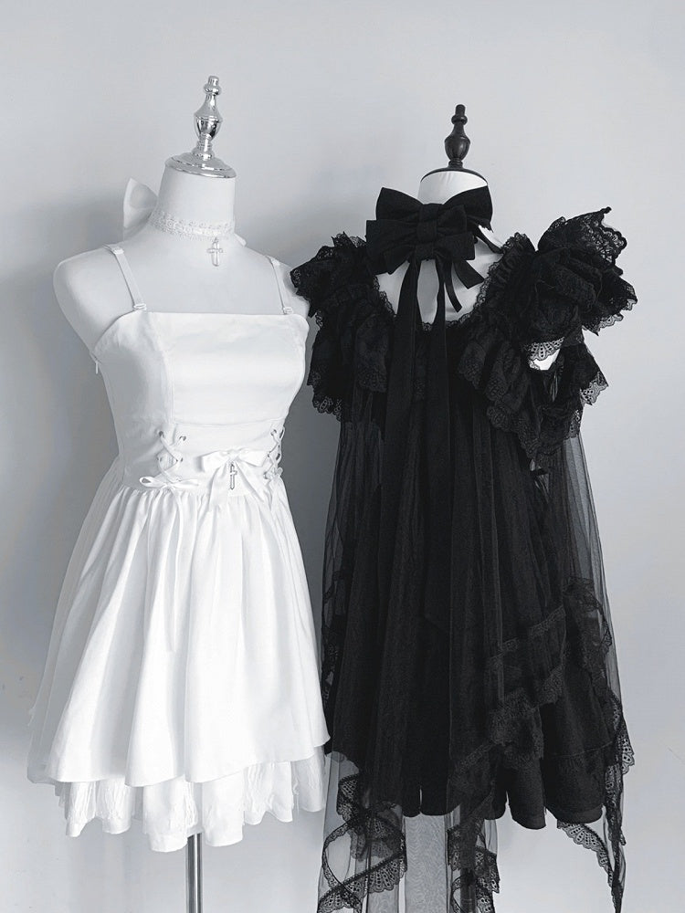 Ivory Landmine Trio: Camisole Dress, Asymmetric Tulle Overlay, Choker - Pink Rabbit