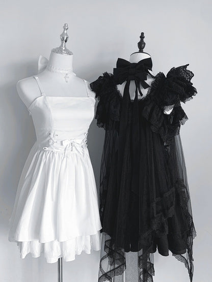 Ivory Landmine Trio: Camisole Dress, Asymmetric Tulle Overlay, Choker - Pink Rabbit