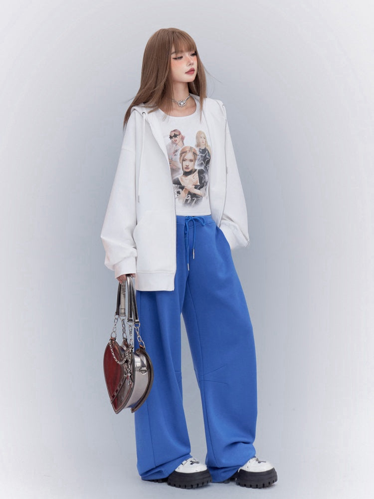 Blaue, lockere Jogginghose mit geradem Bein und Kordelzug in der Taille