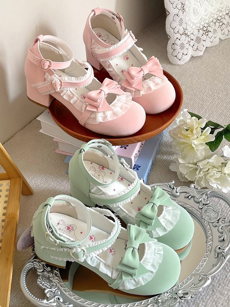 Green Sweet Lolita Mid-heel Mary Janes with Detachable Bow & Ruffles Trim
