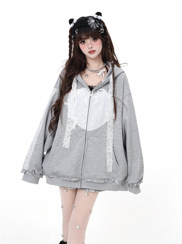 Light Gray Lace Applique Ruffled Trim Zip Closure Hoodie