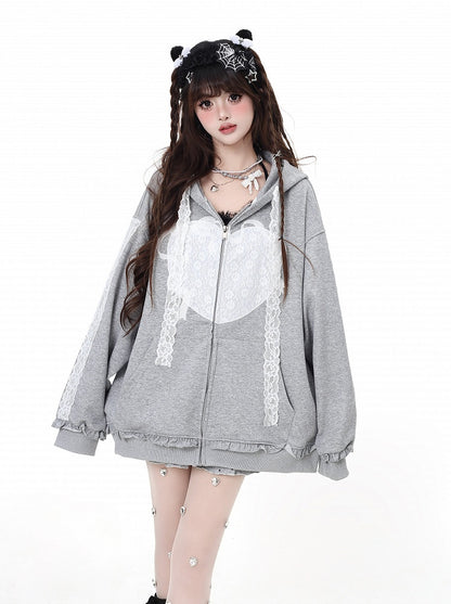 Light Gray Lace Applique Ruffled Trim Zip Closure Hoodie
