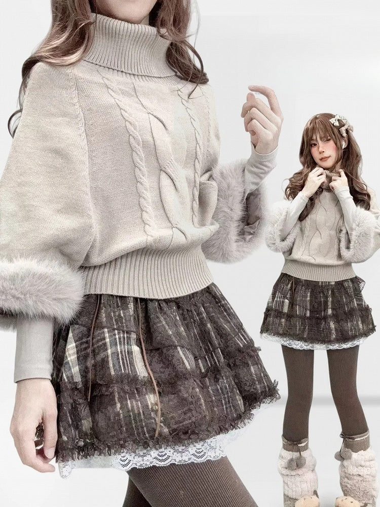 Batwing Sleeve Sweater Design Plush Neck Turtle - Cuff Beige