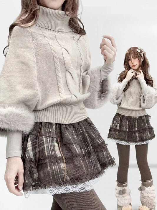 Batwing Sleeve Sweater Design Plush Neck Turtle - Cuff Beige