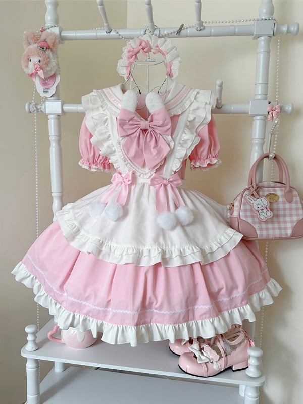 Ears Sleeves Short Sailor Apron Lolita Dress Pink Maid Bunny White with Collar