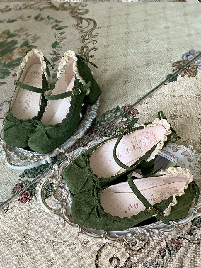 Janes Dark Top Bow at Green Lace - Elegant Toe in Trim Mary Square Lolita