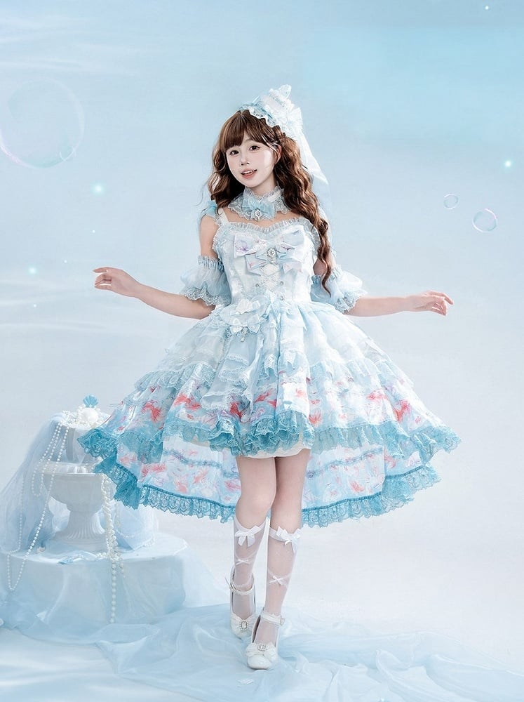 Robe salopette asymétrique imprimé poisson rouge - Mewroco