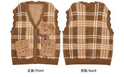 Brown Cute Cookie Bear Adorned Plaid Vest