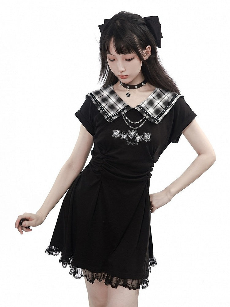 Dark Kawaii Black Plaid Sailor Collar Short Sleeve Dress with Cross Motif & Lace Trim, Gathered Waist - PINK SAVIOR