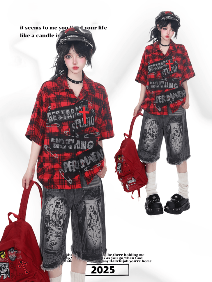 Vintage Red Plaid Short Sleeve Loose-Fit Shirt with Pin and Letter Tag Prints