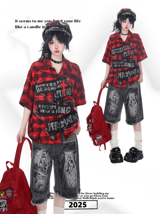 Vintage Red Plaid Short Sleeve Loose-Fit Shirt with Pin and Letter Tag Prints