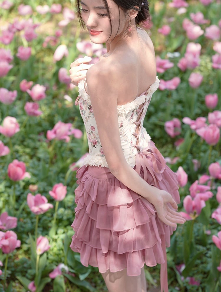 Balletcore-Croset-Oberteil mit Schnürung vorne und hinten und Blumenmuster