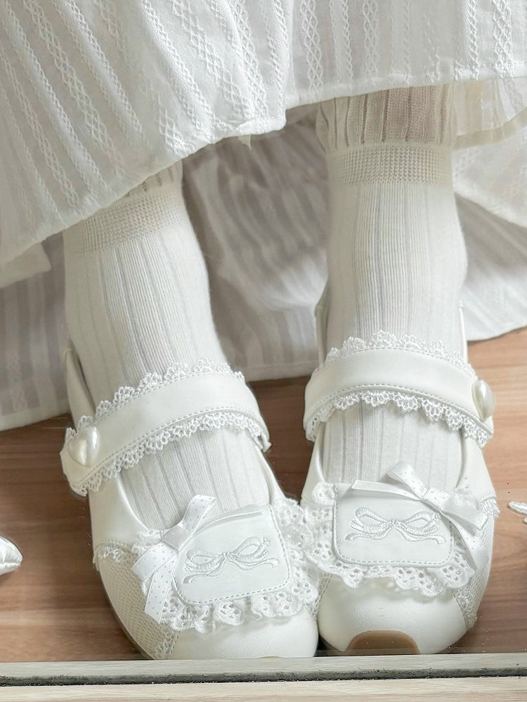 Heart-Adorned Bow Velcro Trim Sweet - Details Flat Lolita Lace Straps White Shoes