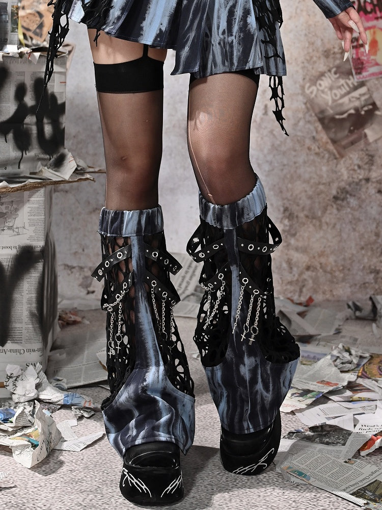 Grunge Punk Tie-Dye Leg Warmers with PU Straps & Chains - Virtual Orbit