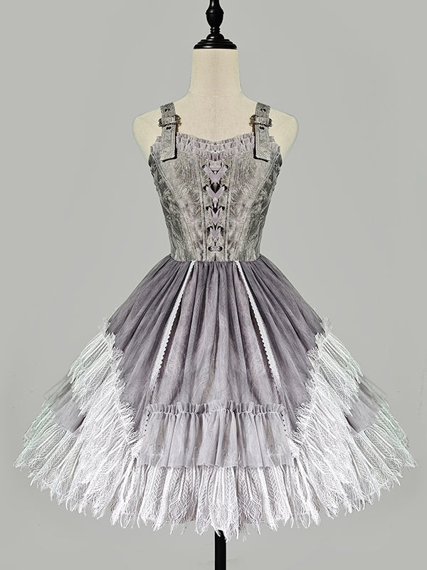 Dress Skirt Panel Buckle Gray Feather Shoulder Lolita Lace Gothic Straps