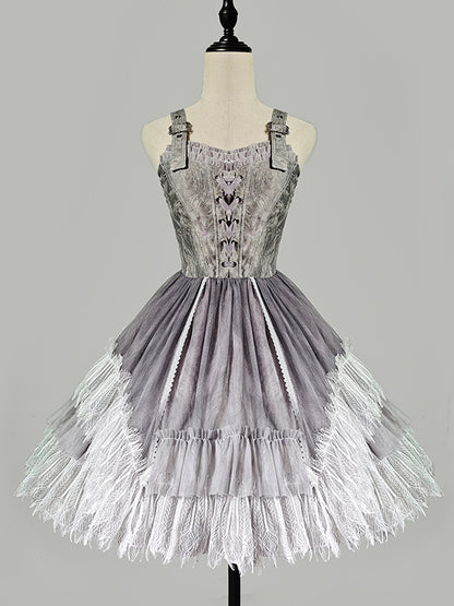 Dress Skirt Panel Buckle Gray Feather Shoulder Lolita Lace Gothic Straps