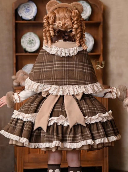 Lolita Apricot JSK Top Autumn/Winter Plaid Reversible Brown + Cape Dress