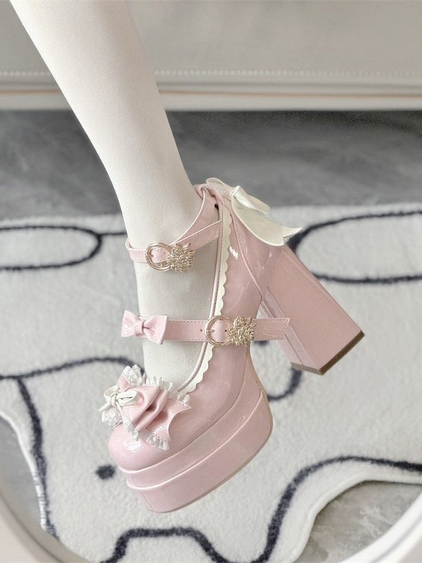 Details Mary PU with High-heel Shoes Elegant 11cm Light Lolita Jane Bow Pink
