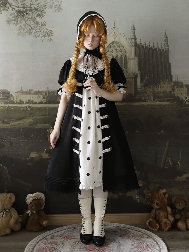 Vintage Gothic Puff Sleeve Lolita Doll Dress with Polka Dot and Lace - Charing Cross