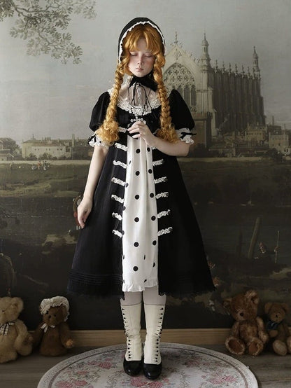 Vintage Gothic Puff Sleeve Lolita Doll Dress with Polka Dot and Lace - Charing Cross