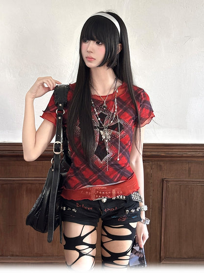 Embellished Glamorous Mesh T-Shirt Cross Y2K Punk Rhinestone Red Plaid Pattern