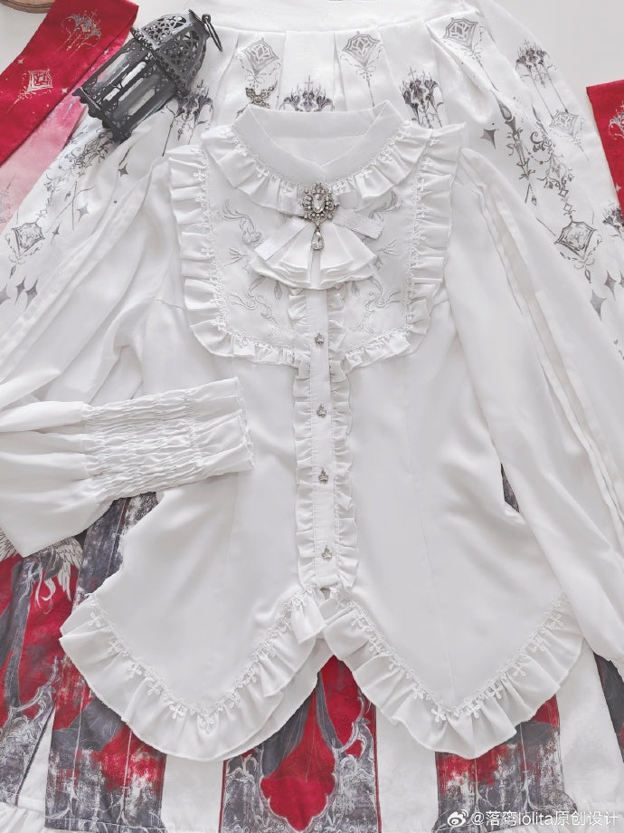 Details and Tie Bow Detachable with Ruffled White Gothic Blouse Embroidered
