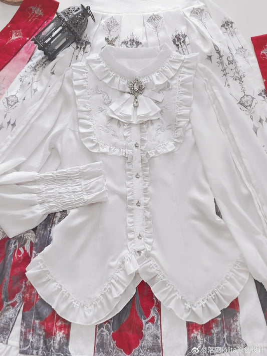 Details and Tie Bow Detachable with Ruffled White Gothic Blouse Embroidered