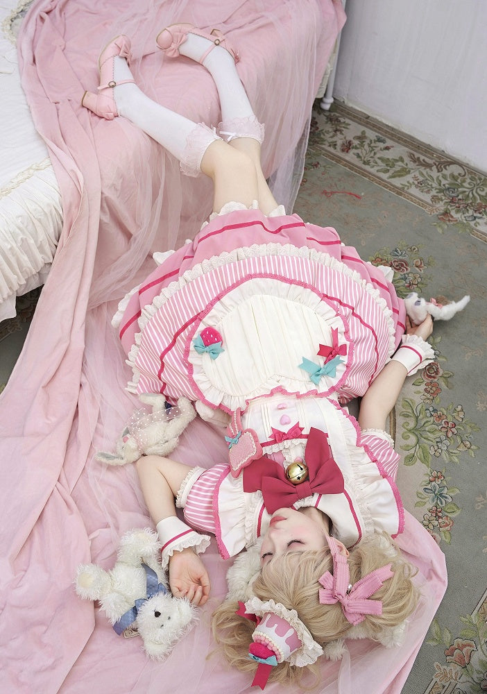 Strawberry Theme Sweet Lolita OP with Apron, Sakura Pink Striped Pattern - Sakurahime